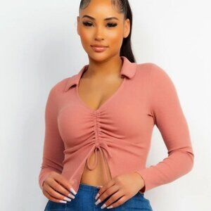 Women's Drawstring V Neck Long Sleeve Tie Back Crop Top Blouse - Pink